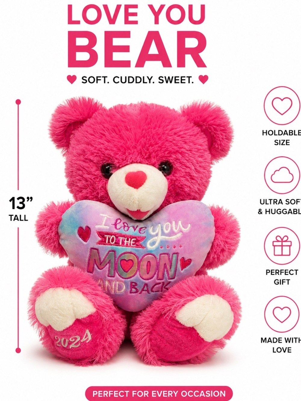 Plush Pink Teddy Bear Holding Heart Pillow – I Love You